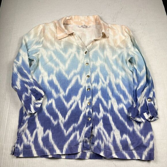 JM Collection Linen Button Down Shirt Printed 3/4 Sleeve Casual Top Size 12 - Picture 1 of 10